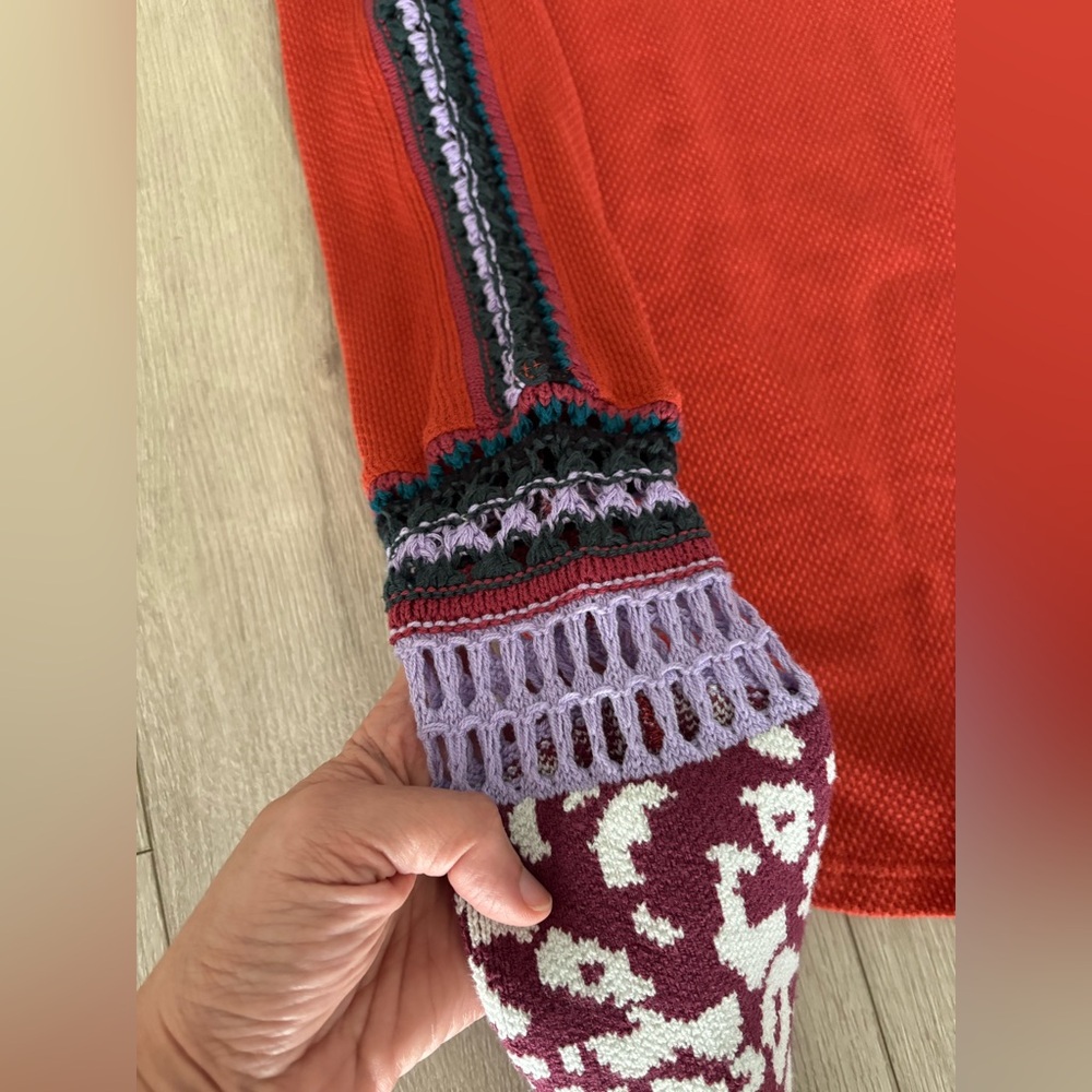 Free People Switch It Up Burnt Orange Thermal Sweater Top Crochet Sleeves - Picture 3 of 7